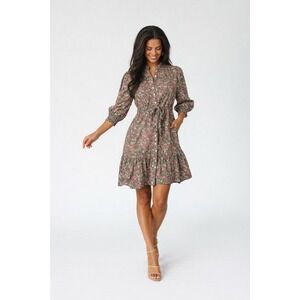 Mod's Mahal Pink Green Botanical‎ Cotton Shirt Dress XS Smocked Cuff Ruffle Hem